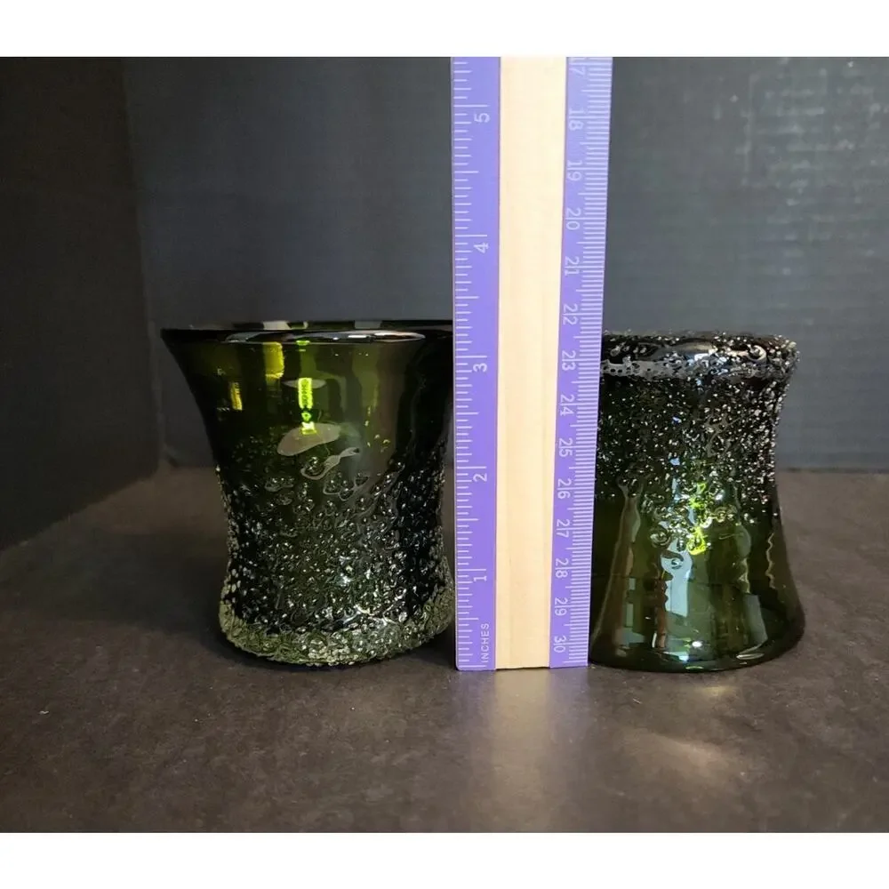 Hand Blow Art Glass Frit Overshot Green 2 Votive Candle Holders, Vases, Juice